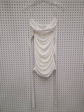 White Ruched Bodycon Mini Dress With Spaghetti Straps & Long Ties - Size Small